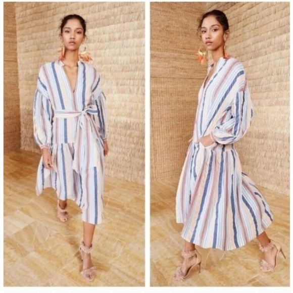 Ulla Johnson 100% Cotton Selvi Midi Dress Multi Striped Oversized Belted Size 0 - Picture 2 of 10